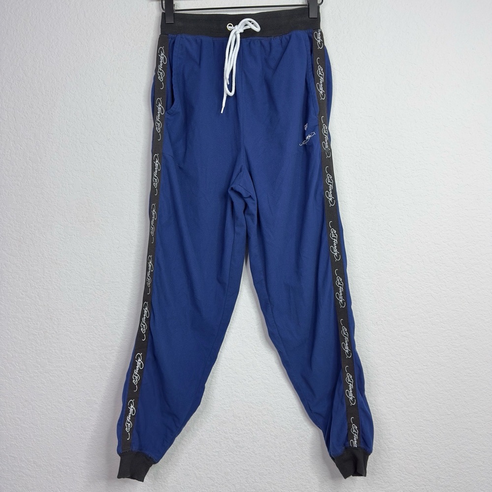 Ed Hardy Pants Mens M Blue Silky Fleece Lounge Drawstring Waist Logo Jogger‎